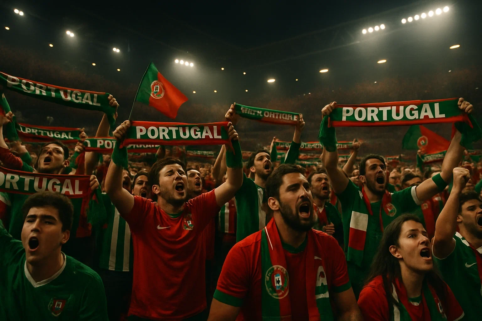 Adeptos portugueses apaixonados nas bancadas de um estádio durante um jogo da Liga Portugal