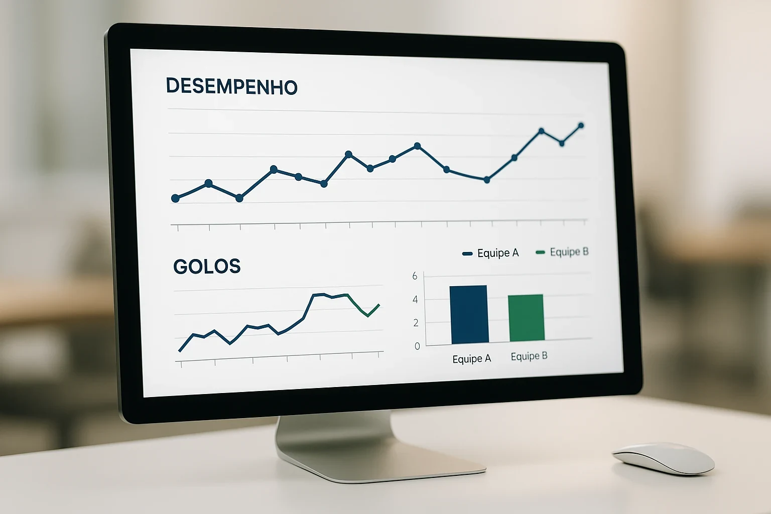 Ecrã de computador a mostrar gráficos de desempenho de equipas de futebol