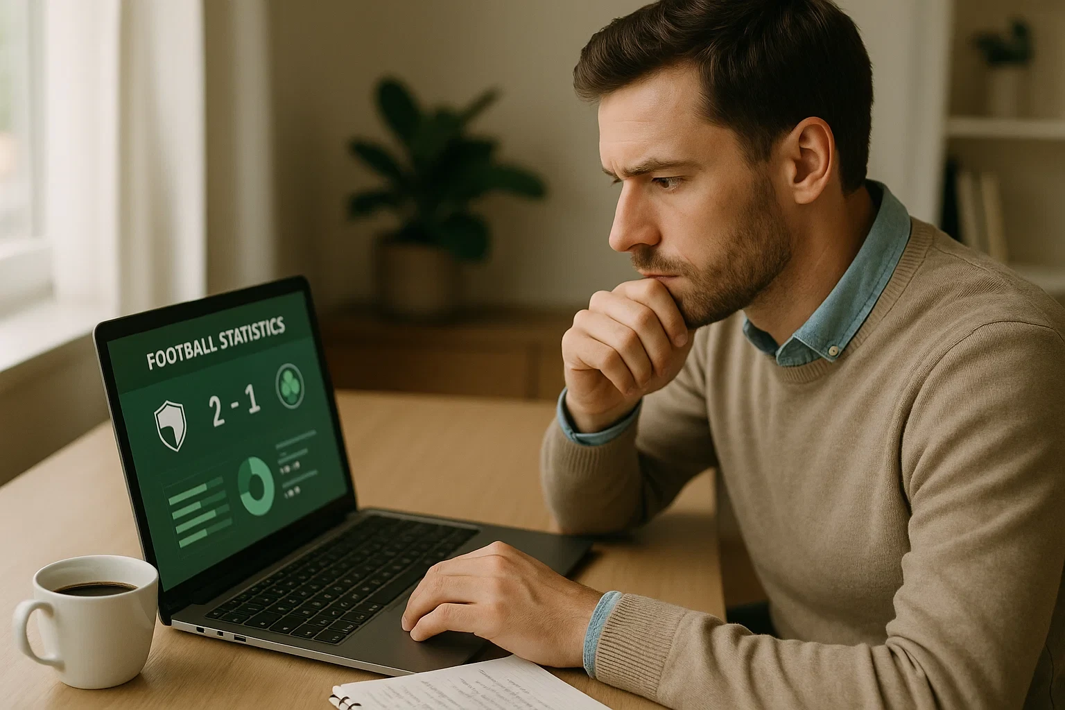 Apostador profissional a analisar estatísticas de futebol num computador portátil num escritório moderno