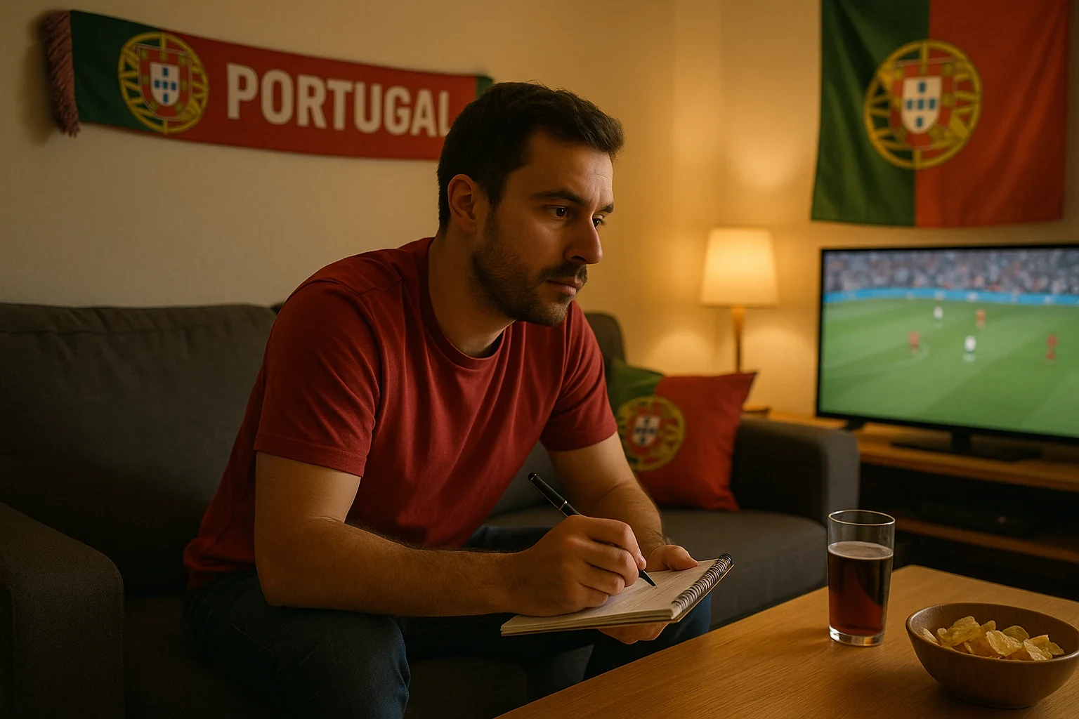 Adepto português atento a ver jogo de futebol na televisão enquanto toma notas
