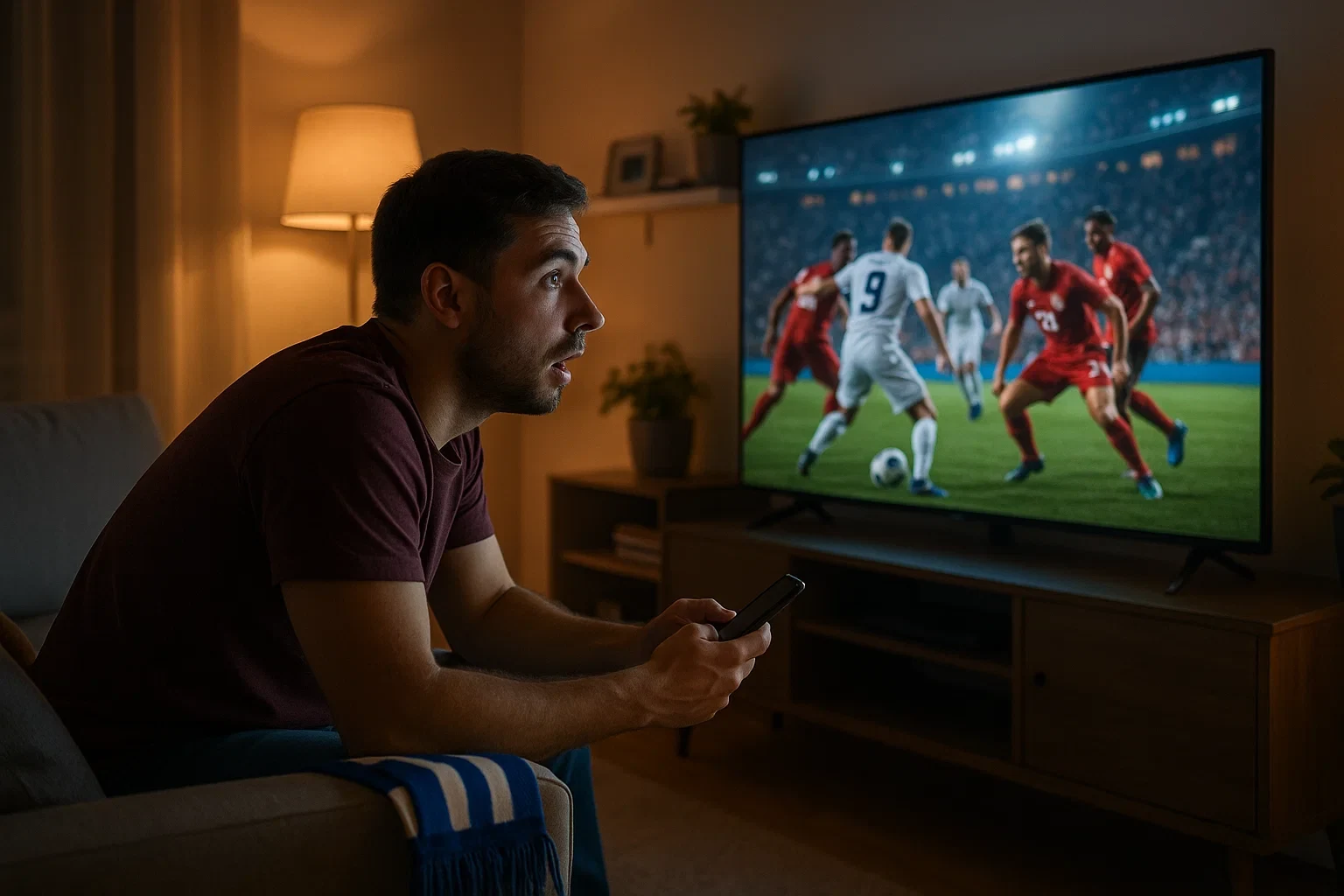 Adepto a assistir a um jogo de futebol em direto na televisão com telemóvel na mão para apostas ao vivo