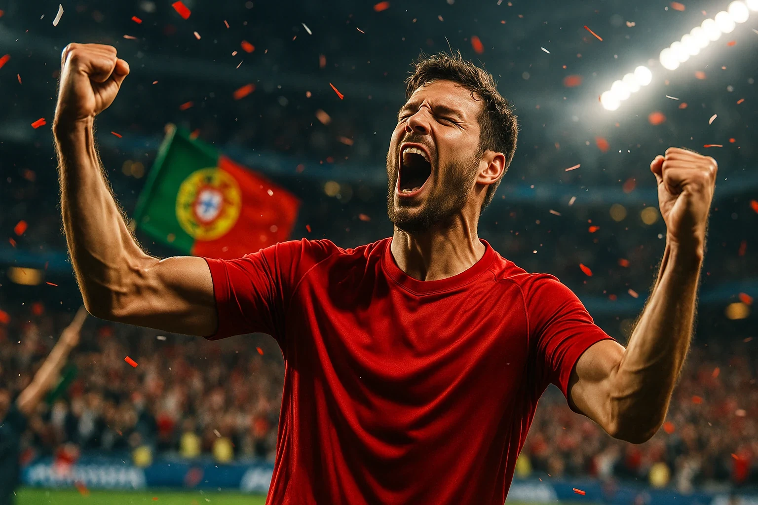 Jogador português a comemorar golo em competição europeia com bandeira de Portugal visível