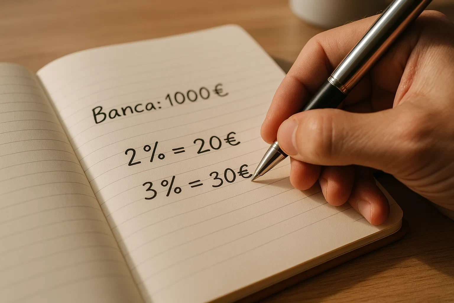 Mão a escrever cálculos de percentagem de stake sobre um caderno
