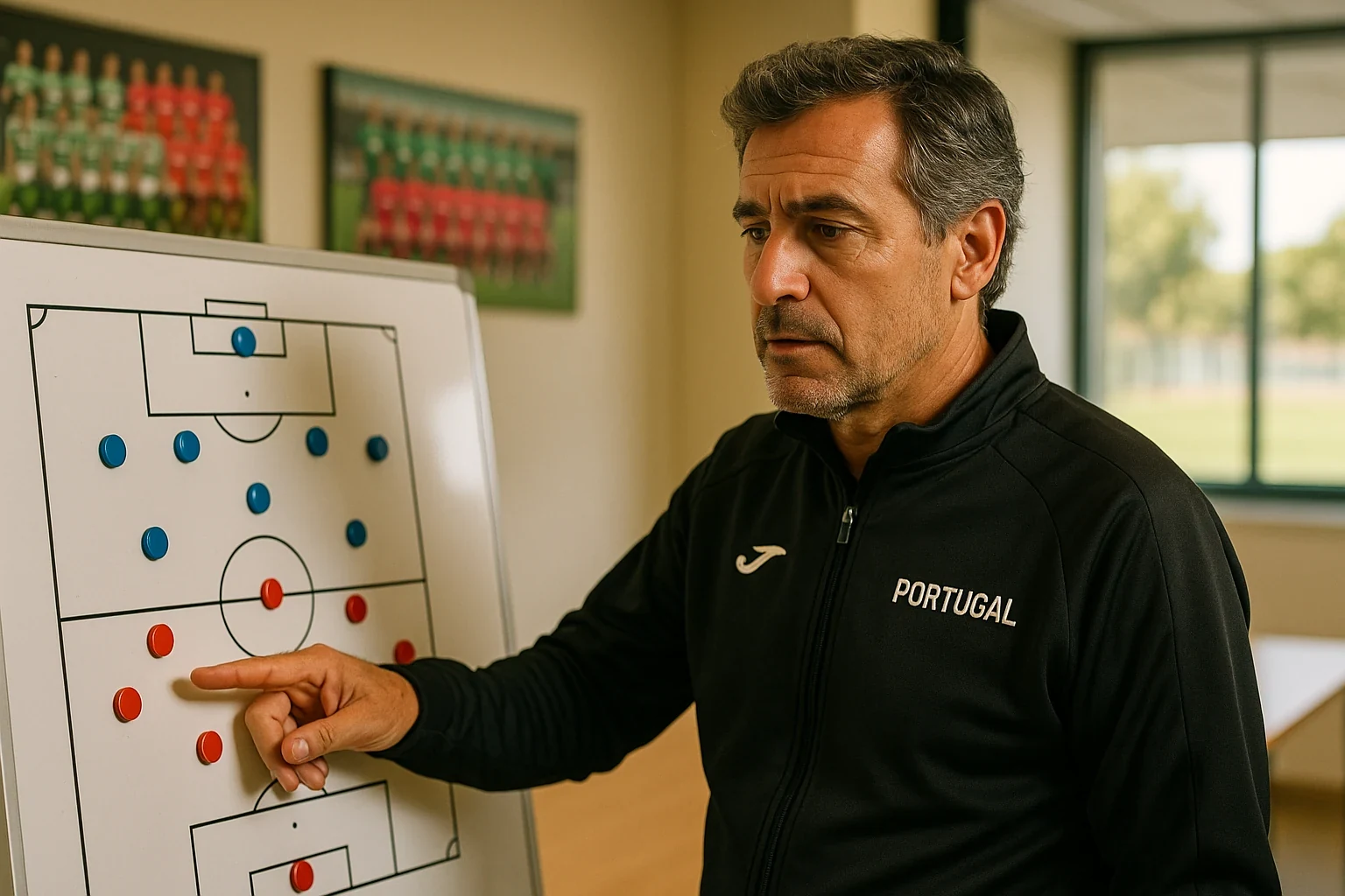 Treinador português a analisar formações táticas de equipas do meio da tabela num quadro