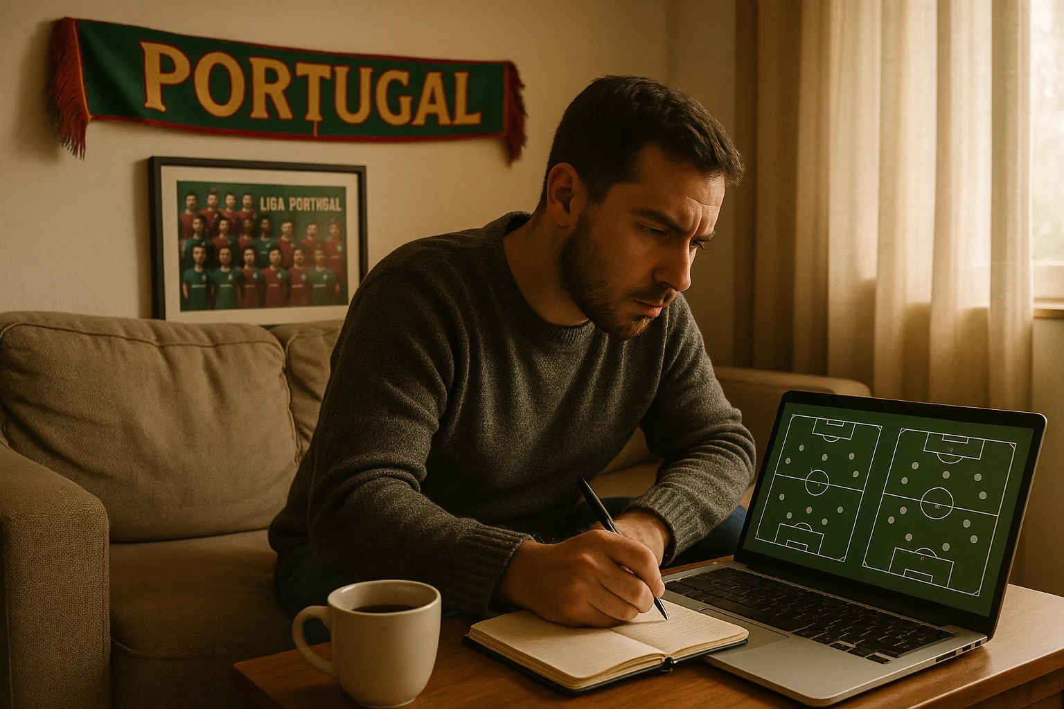 Adepto português focado na análise detalhada de jogos da Liga Portugal