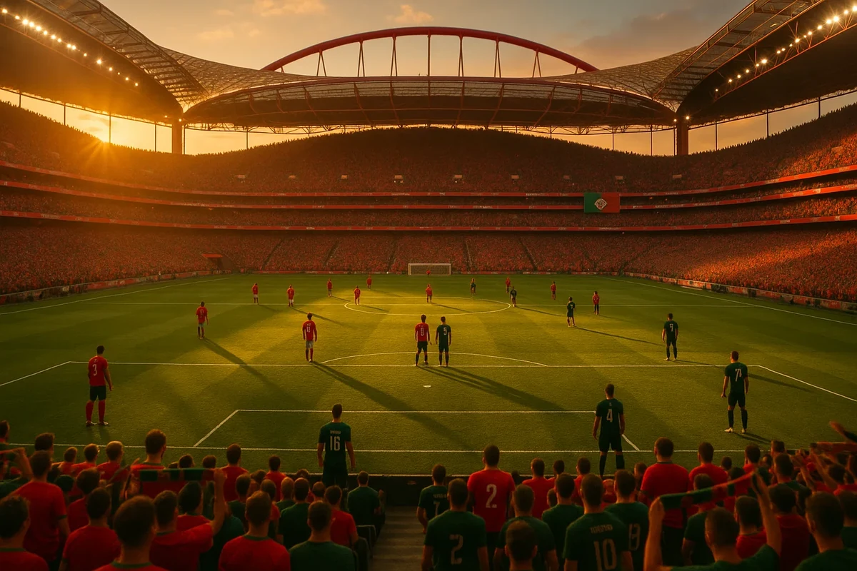 Estádio de futebol em Portugal ao pôr do sol com adeptos nas bancadas antes do início de um jogo