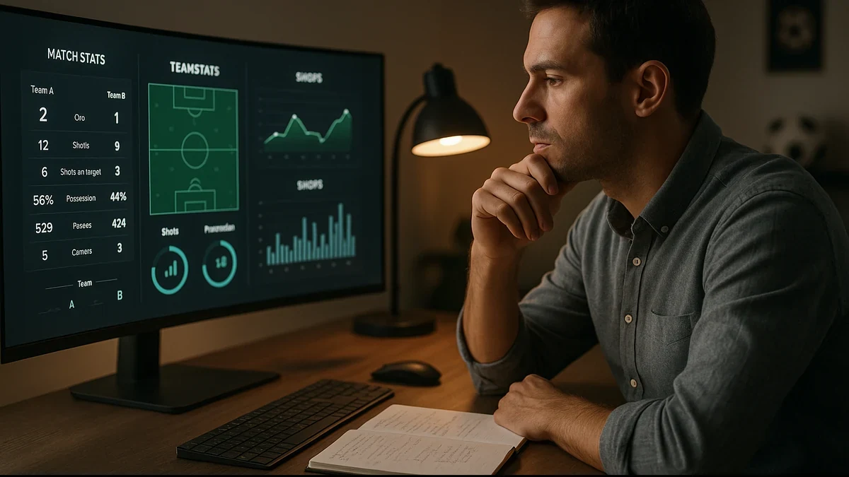 Analista profissional a estudar estatísticas de futebol num ambiente de trabalho moderno
