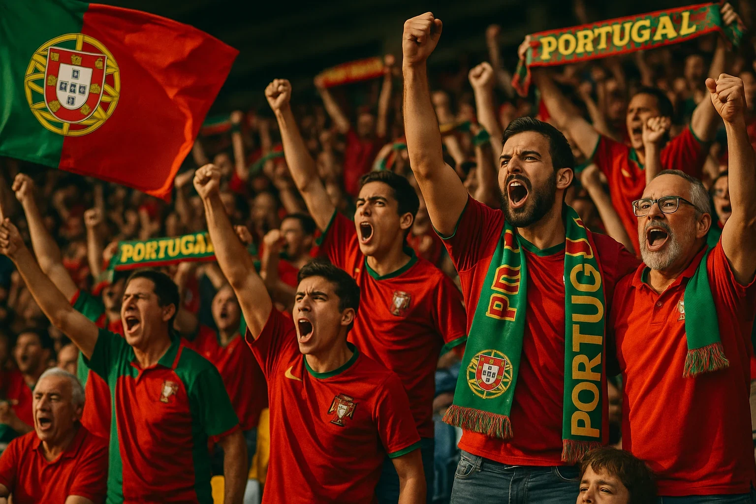 Bancada de estádio português cheia de adeptos apaixonados a apoiar a equipa da casa