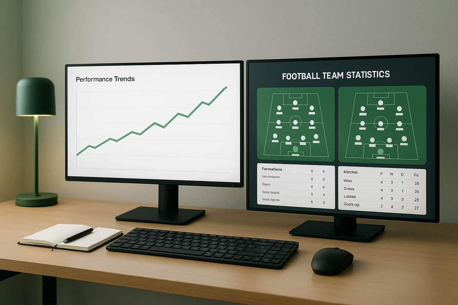 Espaço de trabalho moderno com monitores a mostrar análise de dados e estatísticas de futebol