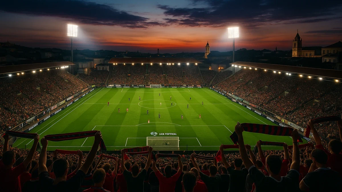 Vista panorâmica de estádio de futebol português durante jogo da Liga Portugal com adeptos nas bancadas