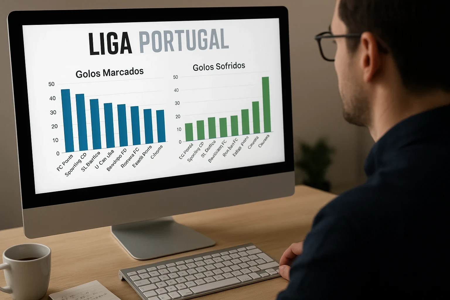 Pessoa a analisar estatísticas de golos da Liga Portugal num ecrã de computador