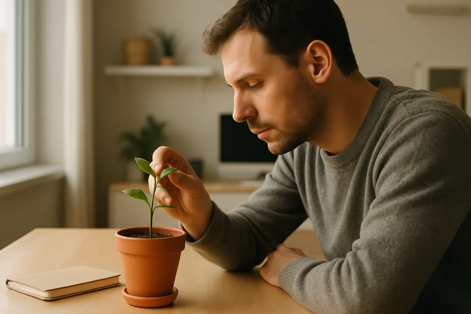 Pessoa a contemplar uma planta jovem a crescer simbolizando paciência e crescimento gradual