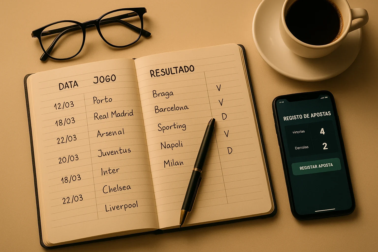 Pessoa a organizar registos de apostas num caderno com dados detalhados